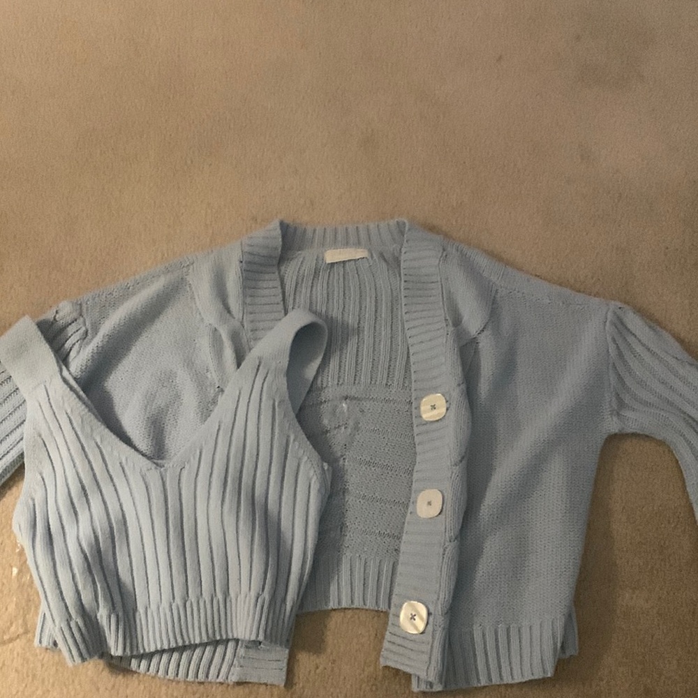 blue cardigan with matching tank